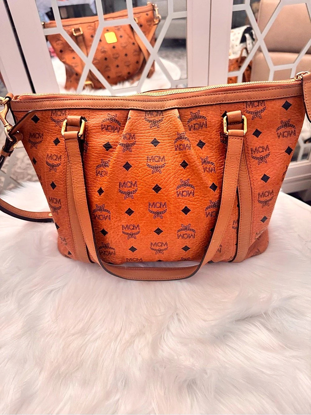 MCM Cognac Visetos Monogram Shopper Two-Way Tote Bag - Picture 9 of 14